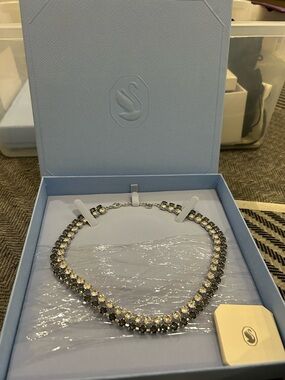 NEW IN BOX Authentic Swarovski Double Strand Blk Clear Tennis Necklace Gorgeous